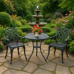 Homeology Oshowa Grey Cast Aluminium Outdoor Garden Table And 2 Comfortable Chairs With Armrests Bistro Set - thumbnail 6