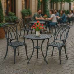Homeology Oshowa Grey Cast Aluminium Outdoor Garden Table And 2 Comfortable Chairs With Armrests Bistro Set - thumbnail 3