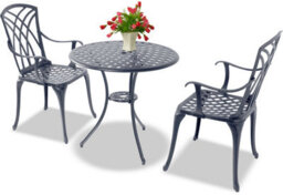 Homeology Oshowa Grey Cast Aluminium Outdoor Garden Table And 2 Comfortable Chairs With Armrests Bistro Set