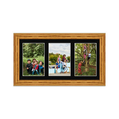AK Frames 40X20Cm Oak Classic Multi Photo Frame With Black Mount - Holds 3 Apertures (3X) 6X4 Photos - image 1