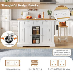 Btm 132Cm Kitchen Island On Wheels, Drop Leaf Trolley, Farmhouse Style, Socket, Drawer, 5 Wheels - thumbnail 5