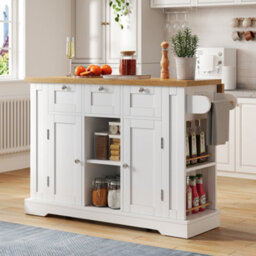Btm 132Cm Kitchen Island On Wheels, Drop Leaf Trolley, Farmhouse Style, Socket, Drawer, 5 Wheels - thumbnail 7