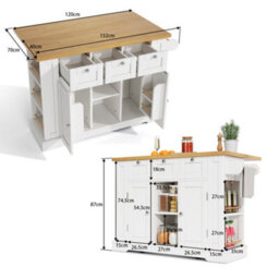 Btm 132Cm Kitchen Island On Wheels, Drop Leaf Trolley, Farmhouse Style, Socket, Drawer, 5 Wheels - thumbnail 6