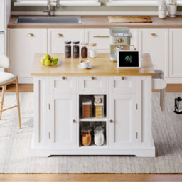 Btm 132Cm Kitchen Island On Wheels, Drop Leaf Trolley, Farmhouse Style, Socket, Drawer, 5 Wheels - thumbnail 9