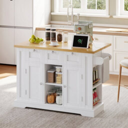 Btm 132Cm Kitchen Island On Wheels, Drop Leaf Trolley, Farmhouse Style, Socket, Drawer, 5 Wheels - thumbnail 8