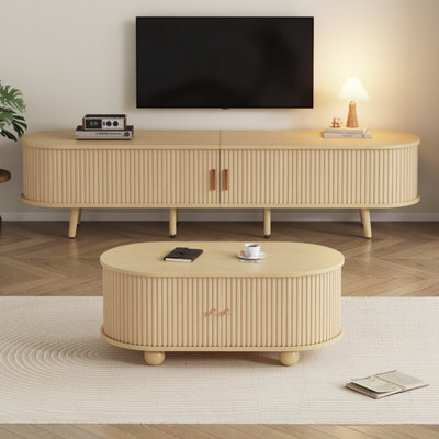 Btm Tv Stand And Coffee Table Set, Tv Cabinet For Up To 70 Inch Tv With 2 Drawers And Sliding Doors, Natural Wood - image 1