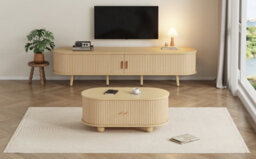Btm Tv Stand And Coffee Table Set, Tv Cabinet For Up To 70 Inch Tv With 2 Drawers And Sliding Doors, Natural Wood - thumbnail 9