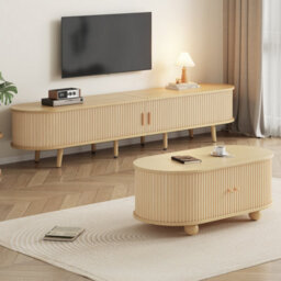 Btm Tv Stand And Coffee Table Set, Tv Cabinet For Up To 70 Inch Tv With 2 Drawers And Sliding Doors, Natural Wood - thumbnail 5
