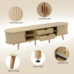Btm Tv Stand And Coffee Table Set, Tv Cabinet For Up To 70 Inch Tv With 2 Drawers And Sliding Doors, Natural Wood - thumbnail 7