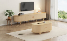 Btm Tv Stand And Coffee Table Set, Tv Cabinet For Up To 70 Inch Tv With 2 Drawers And Sliding Doors, Natural Wood - thumbnail 6