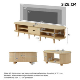 Btm Tv Stand And Coffee Table Set, Tv Cabinet For Up To 70 Inch Tv With 2 Drawers And Sliding Doors, Natural Wood - thumbnail 3