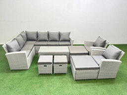 Fimous Rattan Garden Furniture Set Outdoor 12 Seater Corner Sofa Sets With Oblong Coffee Table Chair 4 Footstools Light Grey Mixed - thumbnail 1