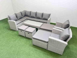 Fimous Rattan Garden Furniture Set Outdoor 12 Seater Corner Sofa Sets With Oblong Coffee Table Chair 4 Footstools Light Grey Mixed - thumbnail 2