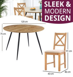 Hallowood Furniture Cullompton Large Oak Effect Round Dining Table With 4 Cross Back Oak Chairs, Beige Seats - thumbnail 3