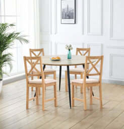 Hallowood Furniture Cullompton Large Oak Effect Round Dining Table With 4 Cross Back Oak Chairs, Beige Seats - thumbnail 1