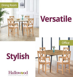 Hallowood Furniture Cullompton Large Oak Effect Round Dining Table With 4 Cross Back Oak Chairs, Beige Seats - thumbnail 6