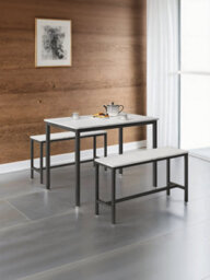 LEDREM Dining Table With 2 Benches, Set Of 3, Kitchen Table, 2 Dining Room Benches, Steel Frame, Marble White And Black - thumbnail 3