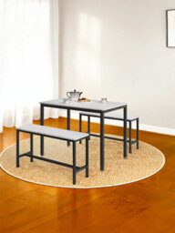 Vasagle Dining Table With 2 Benches, Set Of 3, Kitchen Table, 2 Dining Room Benches, Steel Frame, Marble White And Black