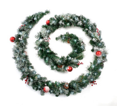 Best Artificial 12Ft Frosted Red Decorated Christmas Garland & 100 Bright White Battery Leds Banister Fireplace Staircase - image 1