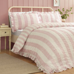 Catherine Lansfield Seersucker Frill Stripe King Duvet Cover Set With Pillowcases Pink