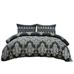 Duvet Cover And Pillowcase Set Natural Black Stripe Floral Design Polycotton Bed Linen Black - thumbnail 2