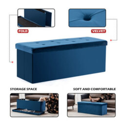 Hnnhome 110X40X40Cm Velvet Pouffe Folding Storage Ottoman Footstool Box Toy Chest With Lid, Foldable Foot Stool Seat(Navy) - thumbnail 2