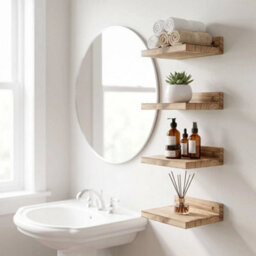 Natural Wood Set Of 4 Floating Wall Shelves Picture Ledge Display Rack Book Hanging Shelf - thumbnail 6