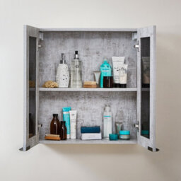 Homestylestore 600 X 650mm Concrete Grey Wall Mounted Mirrored Door Bathroom Cabinet And Black Finger Pull Handles - thumbnail 2