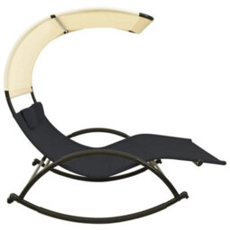 Berkfield Double Sun Lounger With Canopy Textilene Black And Cream - thumbnail 3