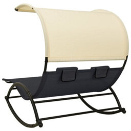 Berkfield Double Sun Lounger With Canopy Textilene Black And Cream - thumbnail 4