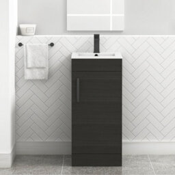 Royal Bathrooms Turin 400mm Floor Standing Vanity Unit & Basin 1 Door Charcoal Oak With Matt Black Handle - thumbnail 1