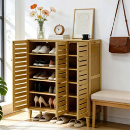 Fativo Bamboo Shoe Storage Cabinet, 5-Tier Shelves With Louvered Doors, H103Cmx W35X L90.5 , Holds Up To 20 Pairs - thumbnail 8