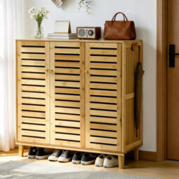 Fativo Bamboo Shoe Storage Cabinet, 5-Tier Shelves With Louvered Doors, H103Cmx W35X L90.5 , Holds Up To 20 Pairs