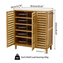 Fativo Bamboo Shoe Storage Cabinet, 5-Tier Shelves With Louvered Doors, H103Cmx W35X L90.5 , Holds Up To 20 Pairs - thumbnail 2