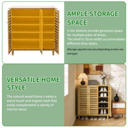 Fativo Bamboo Shoe Storage Cabinet, 5-Tier Shelves With Louvered Doors, H103Cmx W35X L90.5 , Holds Up To 20 Pairs - thumbnail 6