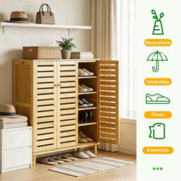 Fativo Bamboo Shoe Storage Cabinet, 5-Tier Shelves With Louvered Doors, H103Cmx W35X L90.5 , Holds Up To 20 Pairs - thumbnail 4