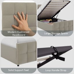 Lassic Vida Designs Valentina 3Ft Single Ottoman Bed With Gas Lift Storage, Upholstered Fabric & Padded Headboard, 97 Cm, Beige Linen - thumbnail 4
