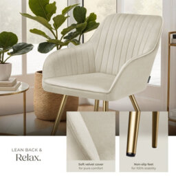 Tectake Set Of 4 Dining Chair Marilyn - Quilted Velvet, Continuous Backrest, Gold Steel Legs  - Cream/gold - thumbnail 4