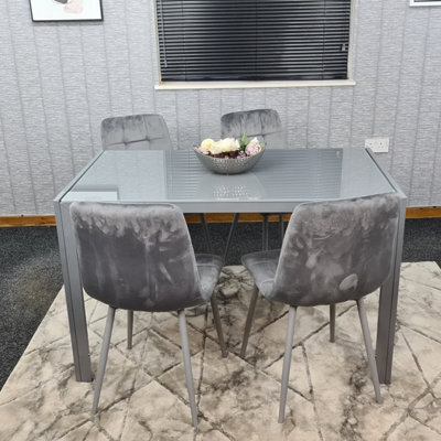 Kosy Koala Grey Dining Table And 4 Grey Velvet Chairs Kitchen Dining Set Of 4 Glass Table - image 1