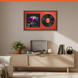 "30X17"" Walnut Classic Vinyl Record Frame With Poppy Red Mount For 12 Inch Lp Album Cover & Disc - Ak Frames" - thumbnail 8