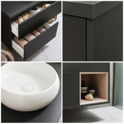 Homestylestore Black Grey 1000mm Wall Hung Bathroom Vanity Unit With Round Chalk Countertop Basin - thumbnail 2