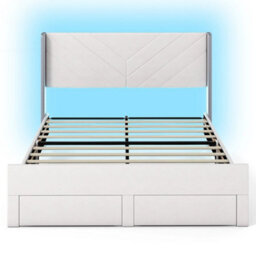King Size Bed Frame Dutch Velvet Upholstered Platform Bed With Led Lights - thumbnail 3