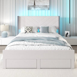 King Size Bed Frame Dutch Velvet Upholstered Platform Bed With Led Lights - thumbnail 4