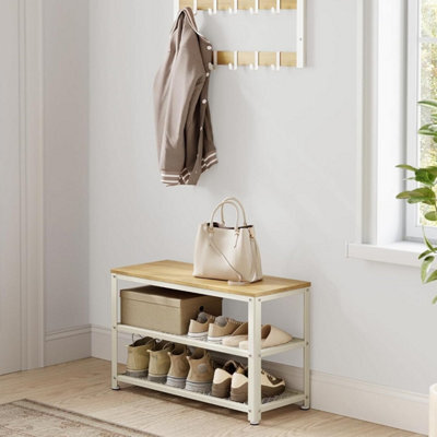 Songmics Industrial Shoe Bench With Double Shelves, Entryway Organizer, Steel Frame Storage Rack, Oak Beige And Classic White - image 1