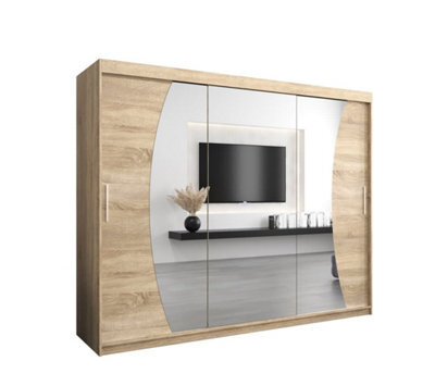 Arte Wave Contemporary 3 Mirrored Sliding Door Wardrobe 9 Shelves 2 Rails Oak Sonoma Effect (H)2000mm (W)2500mm (D)620mm - image 1