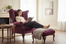 Chesterfield High Back Wing Chair + Footstool Pimlico Damson Fabric In Queen Anne Style - thumbnail 3