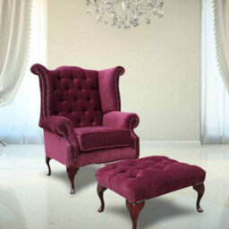 Chesterfield High Back Wing Chair + Footstool Pimlico Damson Fabric In Queen Anne Style - thumbnail 1