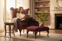 Chesterfield High Back Wing Chair + Footstool Pimlico Damson Fabric In Queen Anne Style - thumbnail 2