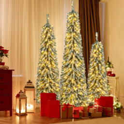 Costway 4/5/6Ft Artificial Christmas Tree Set Of 3 Pre-Lit Pencil Xmas Trees W/ Realistic Snow - thumbnail 5