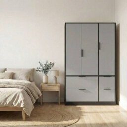 Urbn-Living Urbnliving 3 Door Wardrobe With 4 Drawers Wooden Bedroom Storage Cupboard With Hanging Rail For Clothes - Black Unit & Grey Door - thumbnail 2
